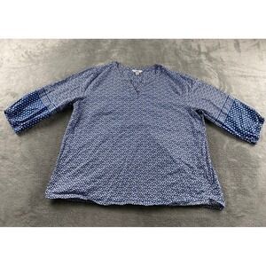Croft & Barrow Womens PXL Blue White Geometric‎ Split Neck 3/4 Slv Blouse Petite